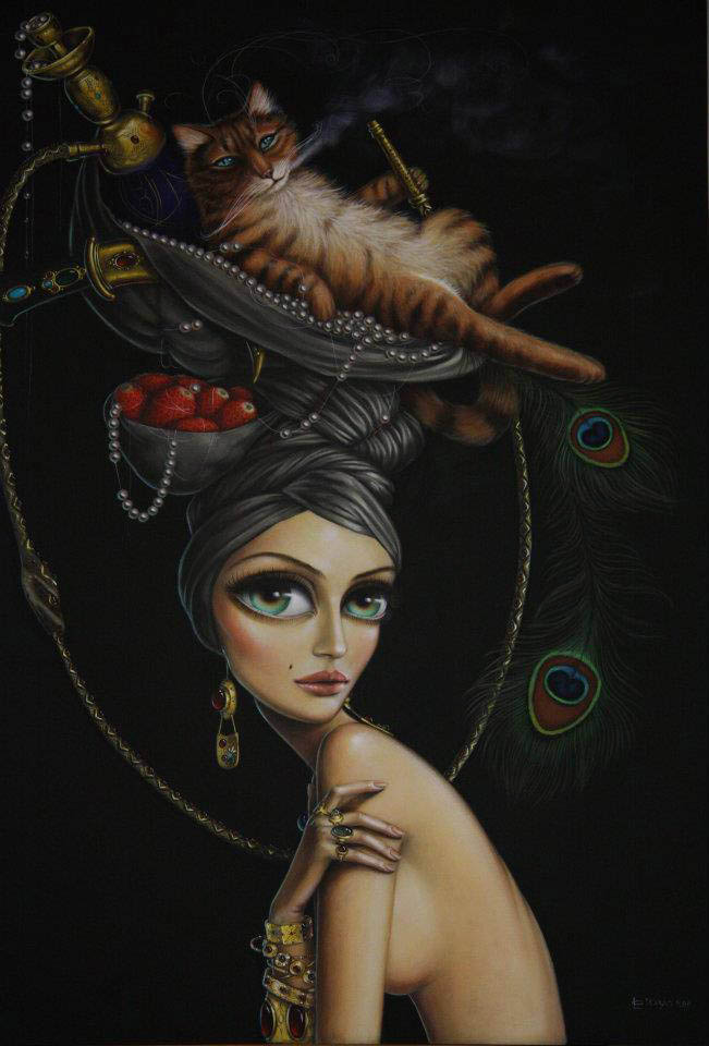 leila-ataya-big-eyes-beautiful-girl-woman-surreal-fantasy-painting-fine-art-hookah-smoking-cat